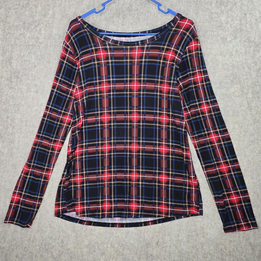 24/7 Womens Plaid Long-Sleeve Top Red/Black Size M Lightweight Casual Stretch